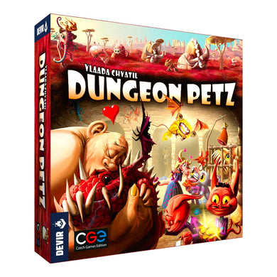 Caja del juego de mesa Dungeon Petz. Portada en tonos rojos con dibujjos un poco infantiles de monstruos que son pequeñas mascotas adorables. Título centrado en la parte superior.