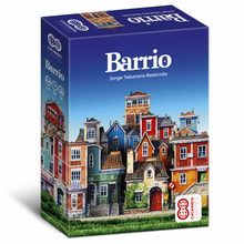 Cargar imagen en el visor de la galería, Caja del juego de mesa disponible en Zzgames, Barrio. Título en blanco en la parte superior centrado. Bajo un cielo azul hay unas casa estilo british de diferentes colores. Delante de las casas hay hierba.