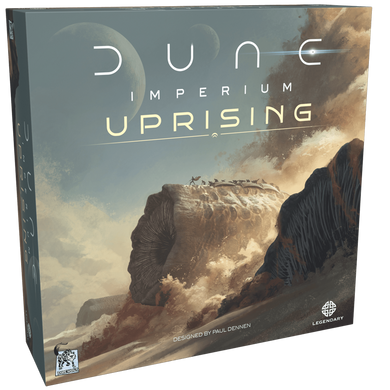 Portada del juego de mesa Dune Imperium: Uprising, donde vemos un gusano de arena gigante en el desierto.