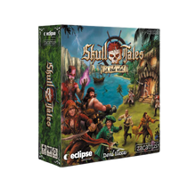 Cargar imagen en el visor de la galería, Caja del juego de mesa Skull Tales. En una bahía hay unos piratas en la entrada de una cueva con forma de calavera. La cueva la defienden unos corsarios. Al fondo del mar hay un barco. Título en la parte superior y centrado.