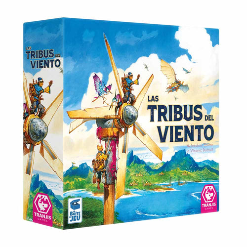 Caja del juego de mesa Las Tribus del Viento. En la ilustación hay un molino de viento en primer plano en el lado izquierdo. en el fondo hay un paisaje de una bahía. Sobre el molino y subiendo por el mismo hay unas personas. En el cielo se ven personas volando con alas equipadas. El título del juego de mesa está centrado en la parte derecha de la ilustración.