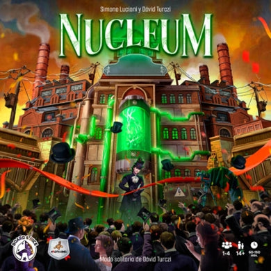 Portada del juego de mesa Nucleum. Título en verde en la parte superior centrado. En la imagen hay una multitud lanzando sombreros frente a una fábrica.