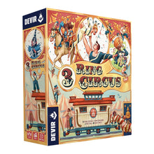 Cargar imagen en el visor de la galería, Caja del juego 3 ring circus. Caja colorida en tonos cálidos con el título en el centro y varios dibujos con personajes del circo inspirados en finales del siglo XIX.
