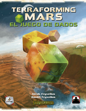 portada del juego de mesa disponible en Zzgames, Terraforming Mars: El juego de dados. Un paisaje con unas praderas separadas por un rio. El título está centrado en la parte superior y hay 3 cubos en el centro.
