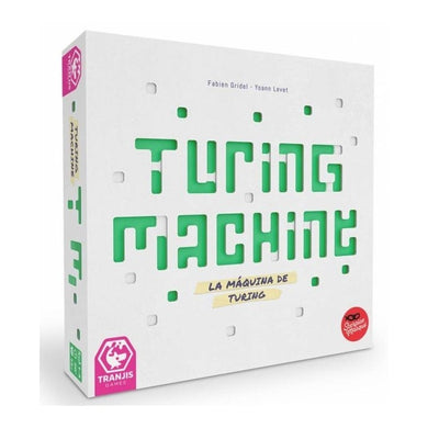 Caja del juego de mesa Turing Machine. Caja en blacon con el nombre en grande y verde en la parte central. En la parte superiro centrada figura el nombre de los autores y debajo del título hay un subtítuolo 