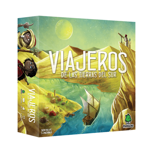 Caja del juego Viajeros de las tierras del sur. Paisaje de un desierto en tonos amarillos. En el centro de la imagen hay un rio por el que navega un barco. En la orillas hay un poblado. Título centrado en blanco.