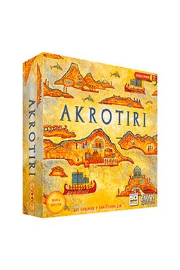 Caja del juego de mesa Akrotiri. Portada en tonos calidos con dibujos de islas y barcos. En nombre del juego, Akrotiri en color azul centrado y en la parte superior. Un juego disponible en Zzgames tienda de juegos de mesa en Barcelona.