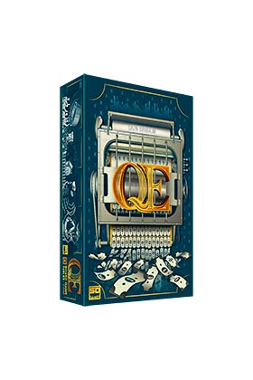 Foto del juego de mesa QE. Portada en tonos azules con el título centrado, grande y amarillo. Debajo del título hay una maquina de fabricar billetes de la que salen varios de ellos.