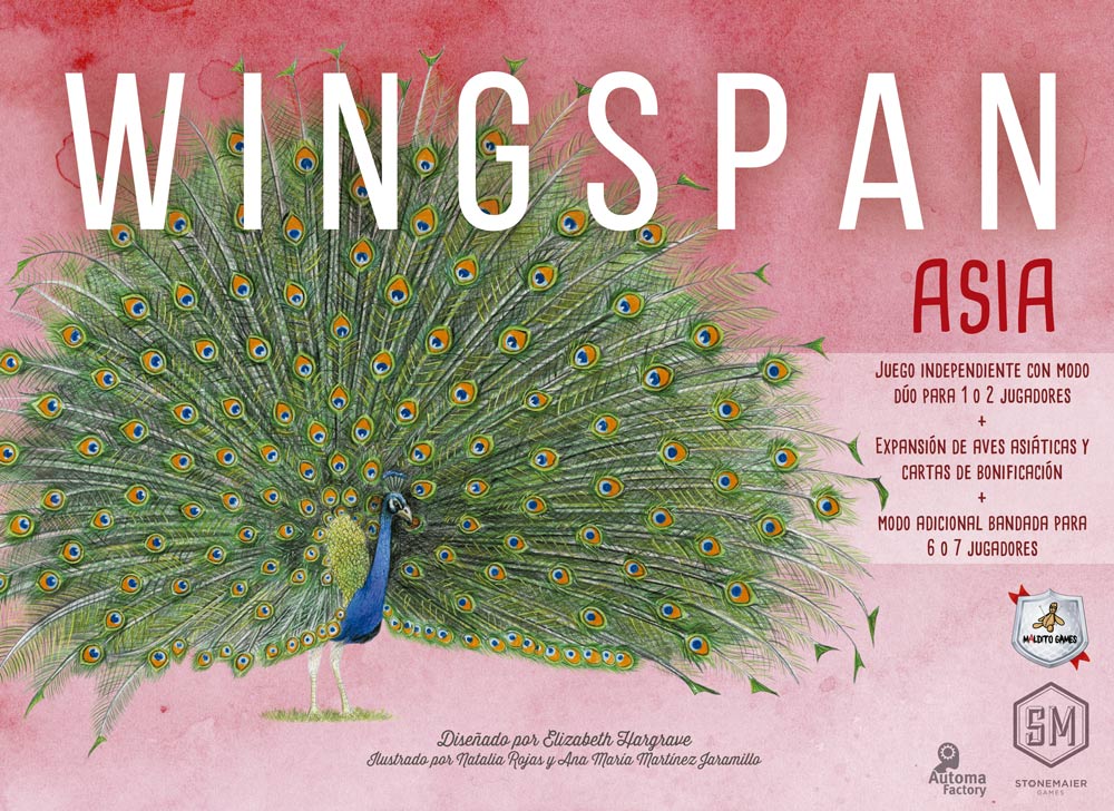 Foto del juego de mesa Wingspan Asia, portada. Fondo degradado rosa con una imagen de un pavo real. Título en la parte superior en blanco (Wingspan) debajo a la derecha en rojo (Asia)
